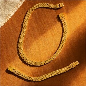 Vintage Gold-Tone Brick-Link Choker Necklace and Bracelet Set Korea